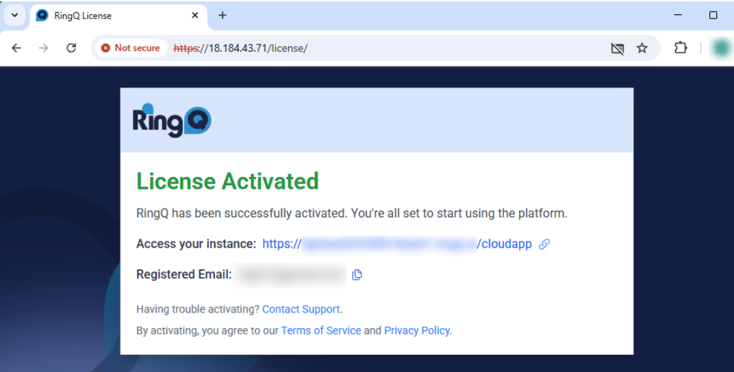RingQ license activation success on Amazon Lightsail